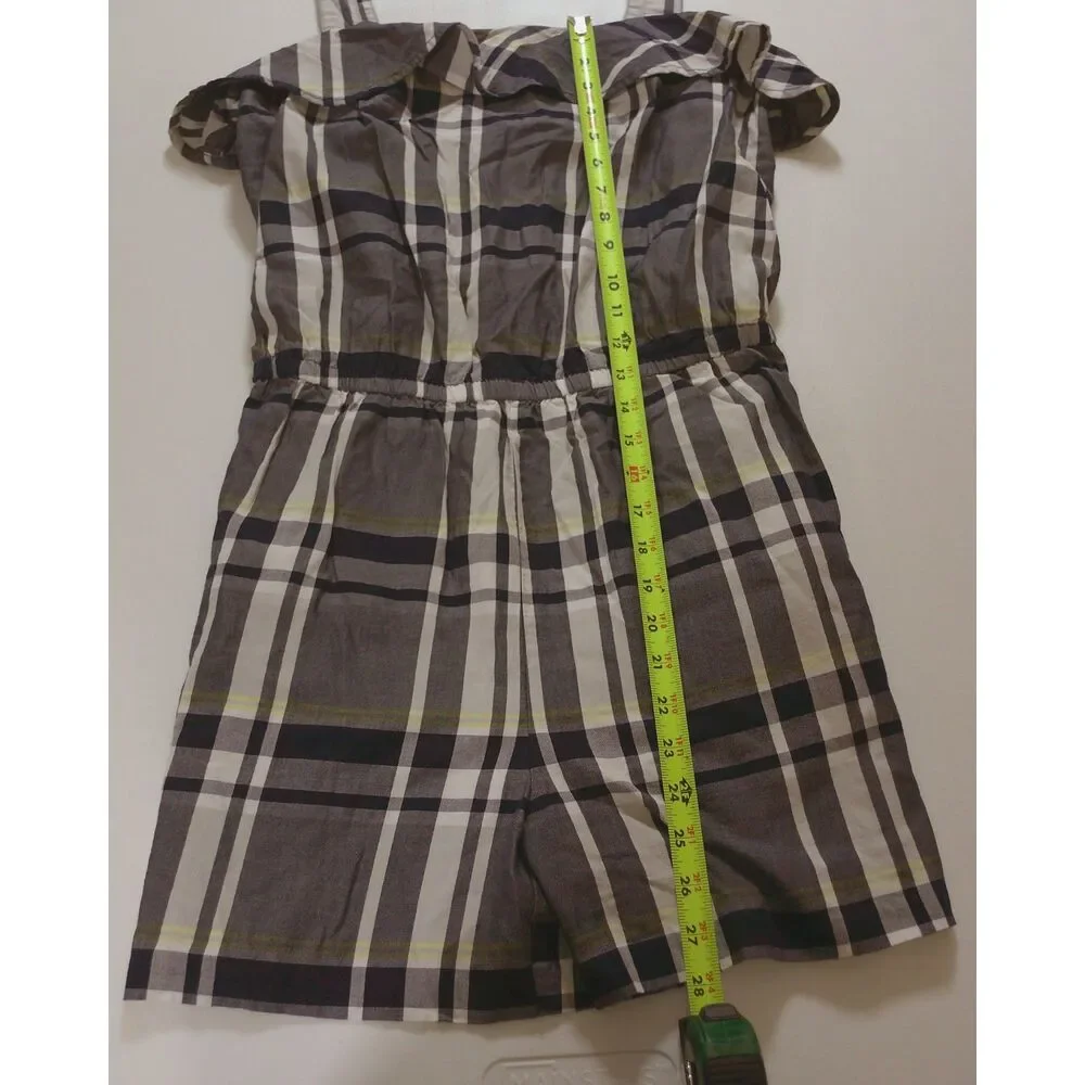 Banana Republic Plaid Cold Shoulder Romper Large Gray Ruffle Preppy Cottagecore